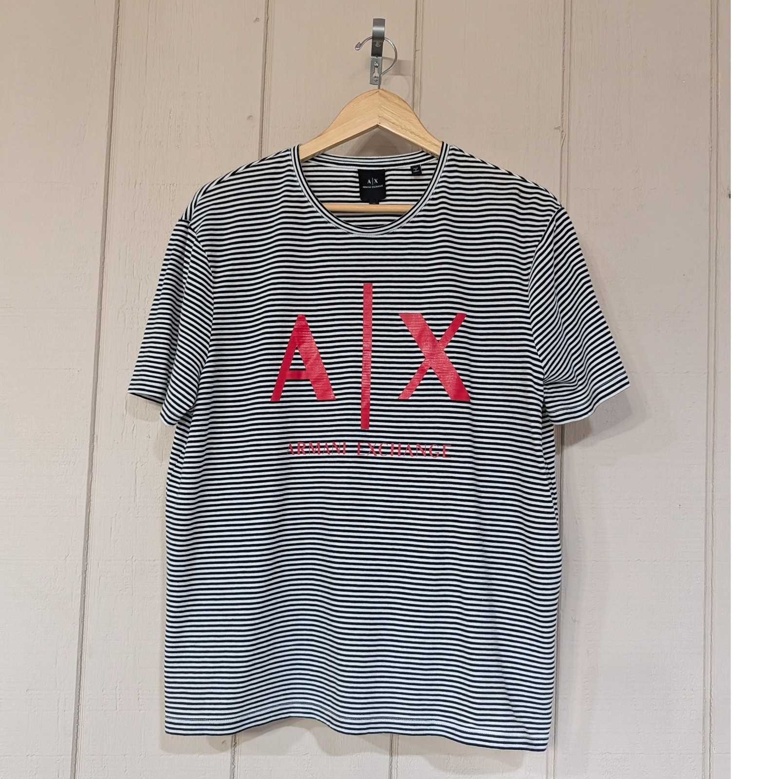 Armani Exchange Mens XL Striped Logo T-Shirt Black White Red AX Short Sleeve Tee gallery