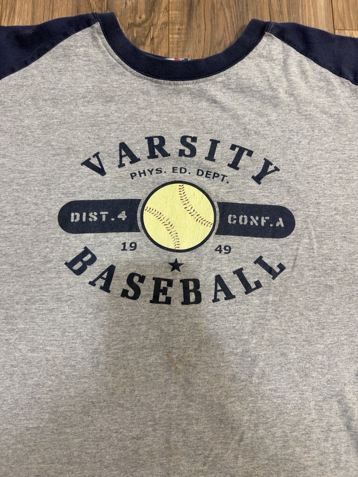 Vintage 90s Varsity Baseball PE Gray Navy Blue Raglan Sleeve Shirt Jersey XL gallery