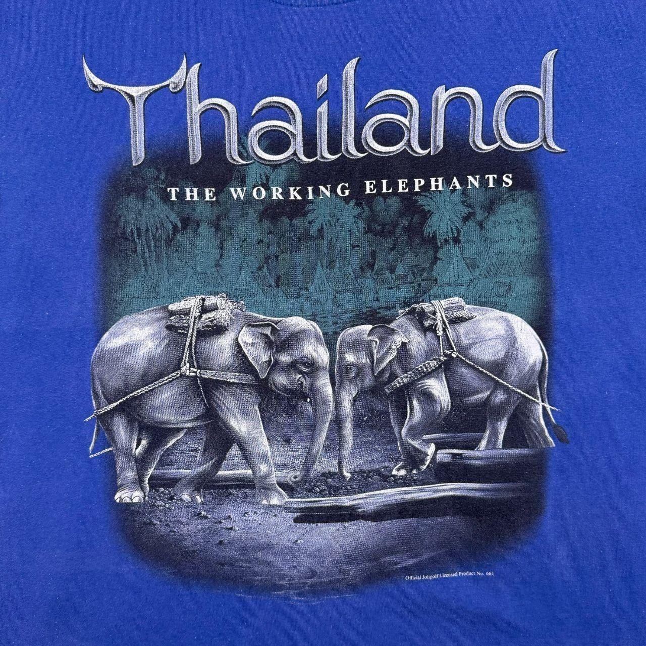 Early 00's Joligolf Thailand Elephants Animal Tourist Graphic Blue T-Shirt Large gallery