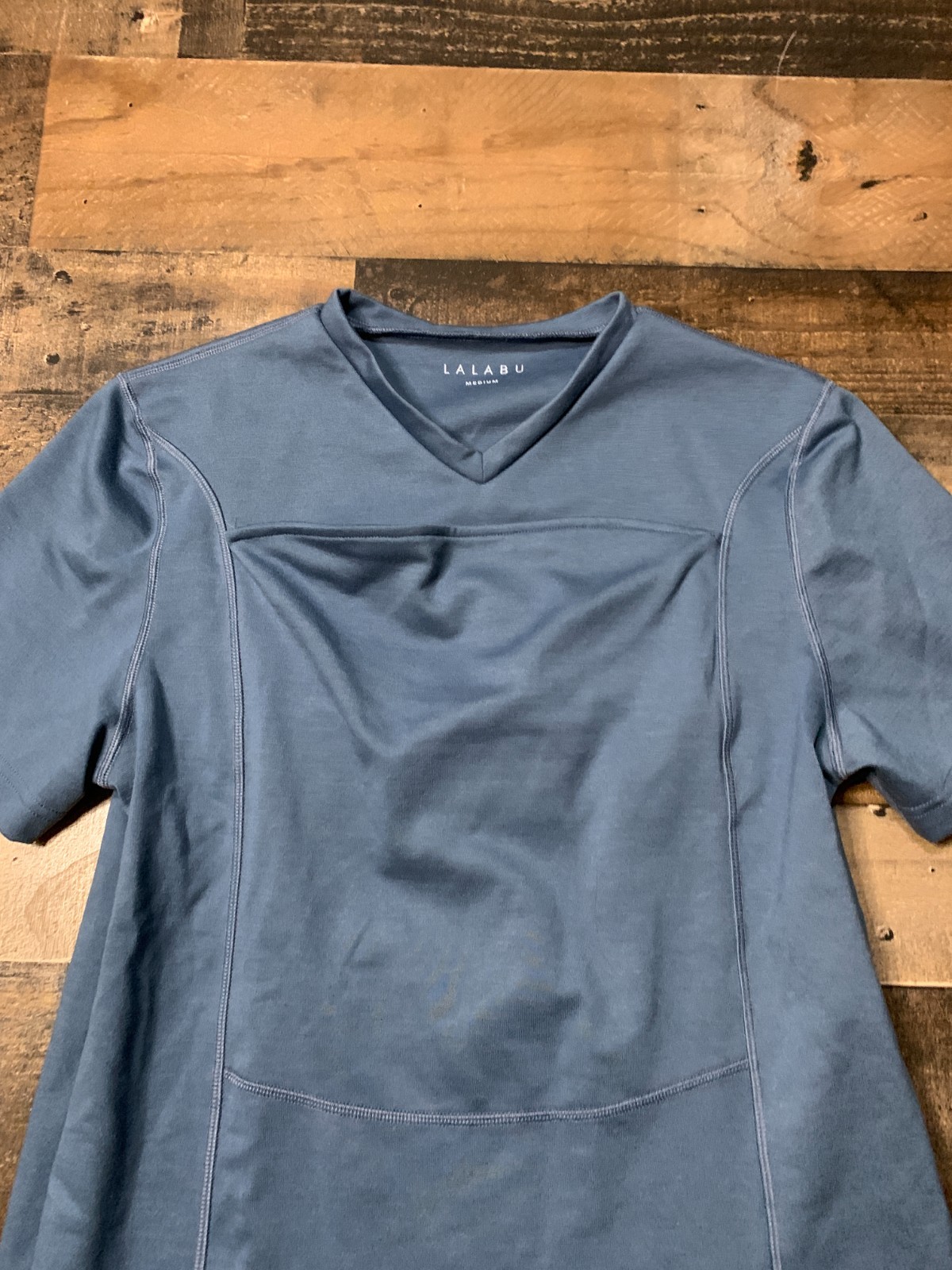 Lalabu Dad Shirt Mens Medium Blue V Neck Kangaroo Pouch Baby Carrying Stretch