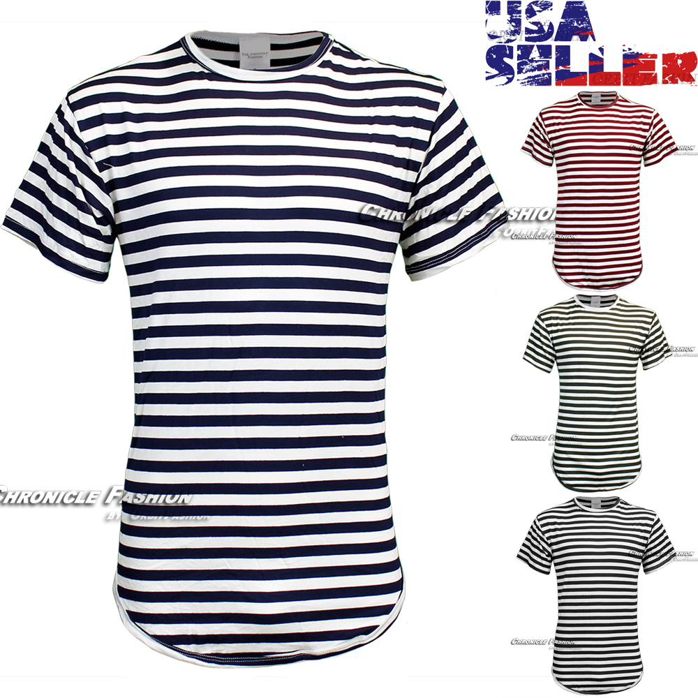 Men T-Shirt Striped Casual Crew Neck Short Sleeve Curved Extended Long Tee Top gallery
