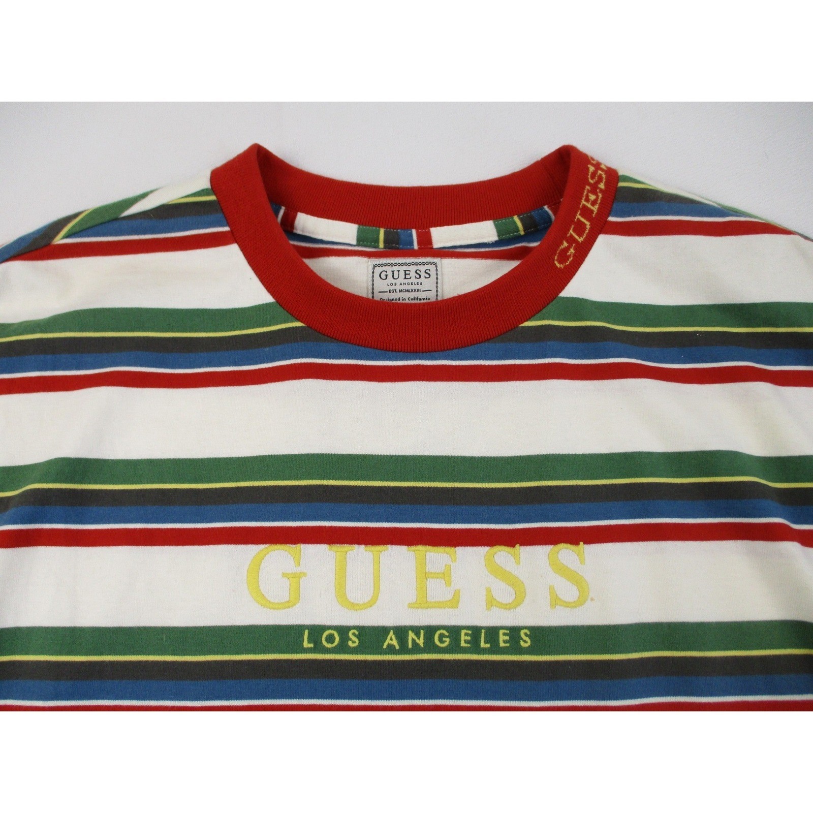 Guess Shirt Mens Medium White Multicolor Striped Embroidered Logo Retro Y2K gallery