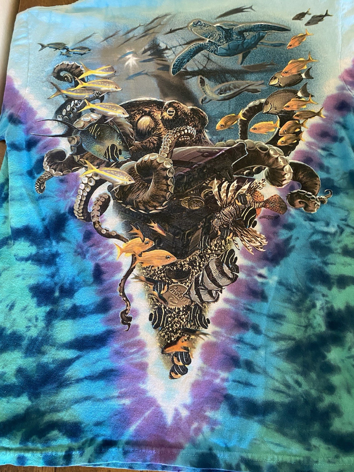 Vintage 90s Y2K Liquid Blue Aquatic Oceanlife Tie Dye Shirt Medium Fish Animals gallery