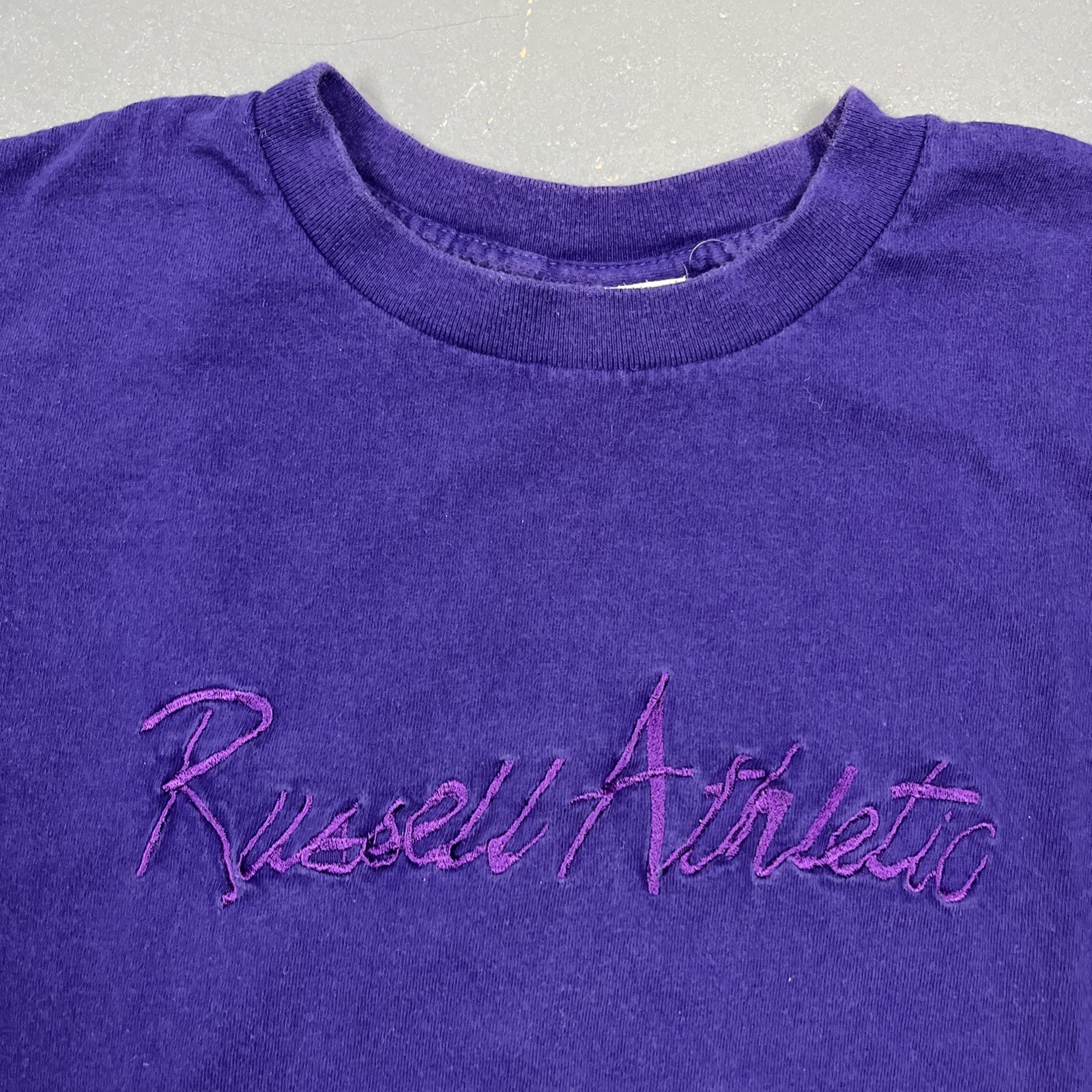 Vintage 90s Russell Athletic Embroidered Tshirt Purple Medium Single Stitch VTG gallery