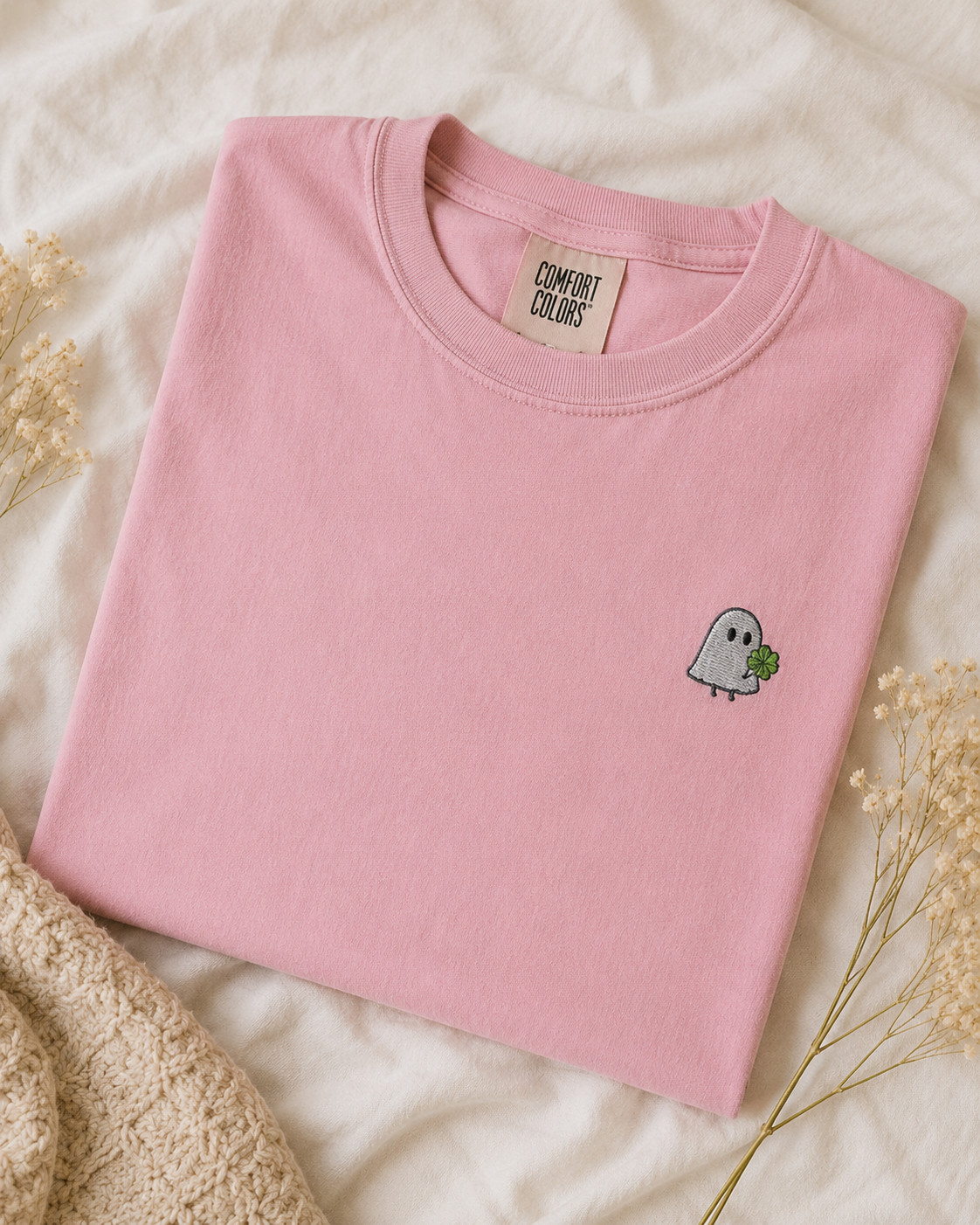 Cute Ghost Embroidered T-Shirt with Lucky Clover | Comfort Colors gallery