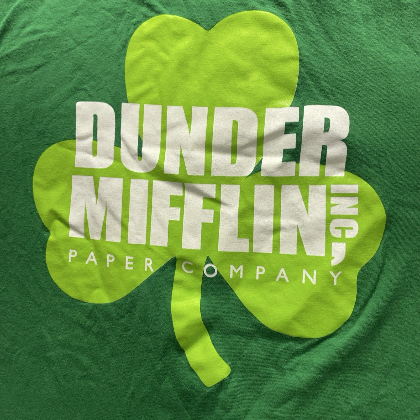 The Office NBC Dunder Mifflin Paper Company Green Logo Lucky T-Shirt Men's L gallery