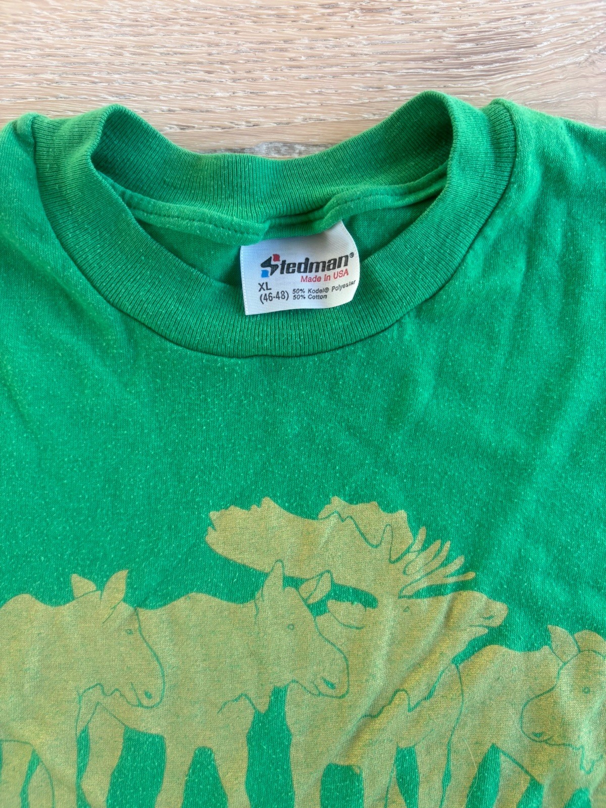 Vintage Stedman Moose Family Graphic T Shirt XL Made USA Single Stitch Green gallery