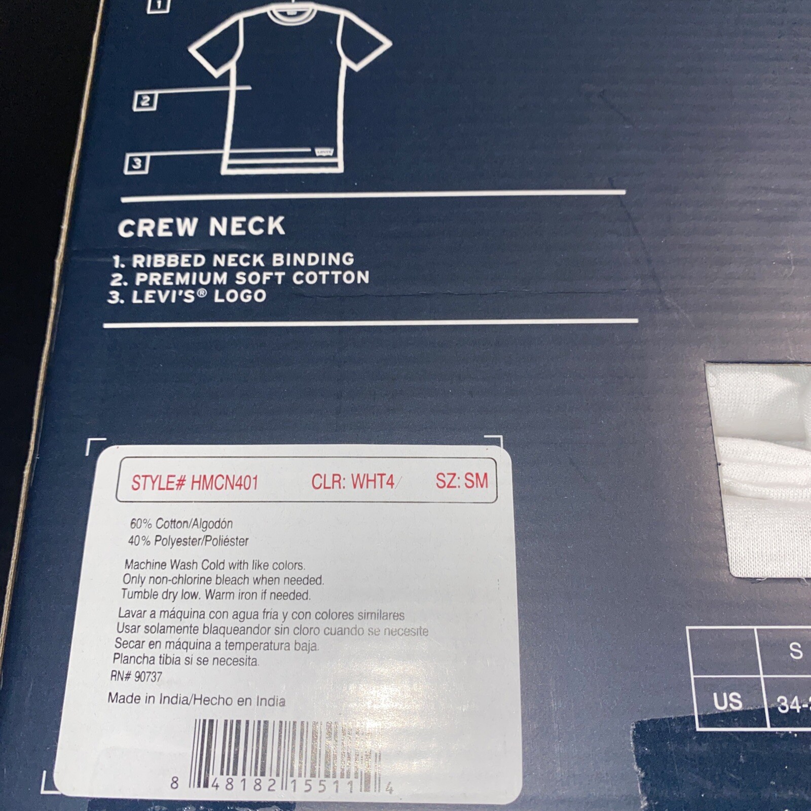 NEW LEVI'S 4 PACK MENS CREW NECK PREMIUM COTTON WHITE SMALL MADE IN INDIA 34-36 gallery