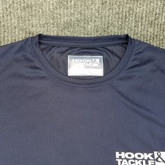 Hook & Tackle Shirt Mens Small Blue Long Sleeve Crew Neck Back & Arm Hit Fishing