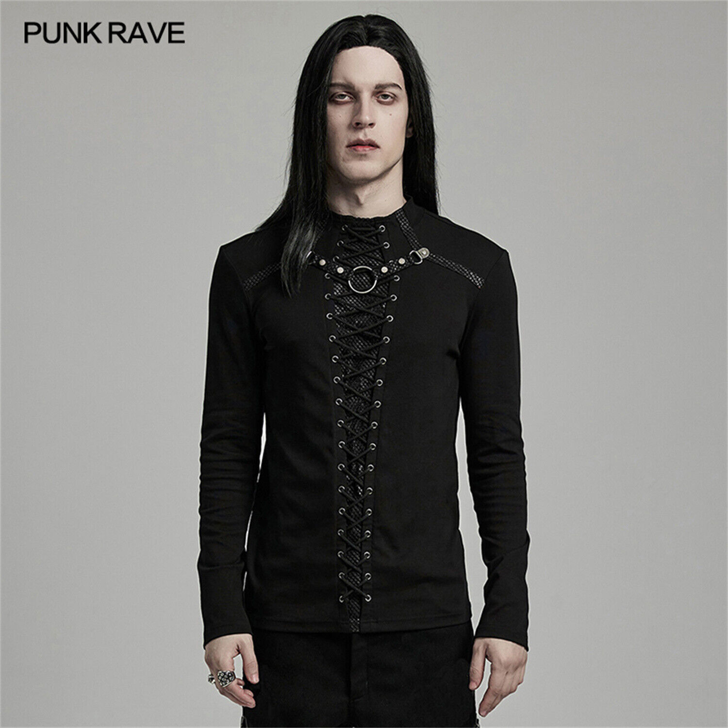 PUNK RAVE Black Cyberpunk Gothic Punk Mesh Splicing Long Sleeve T-Shirt Men Top gallery