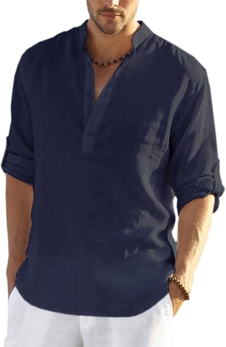 COOFANDY Men's Cotton Linen Henley T-Shirt Long Sleeve Hippie Casual Beach Blue gallery