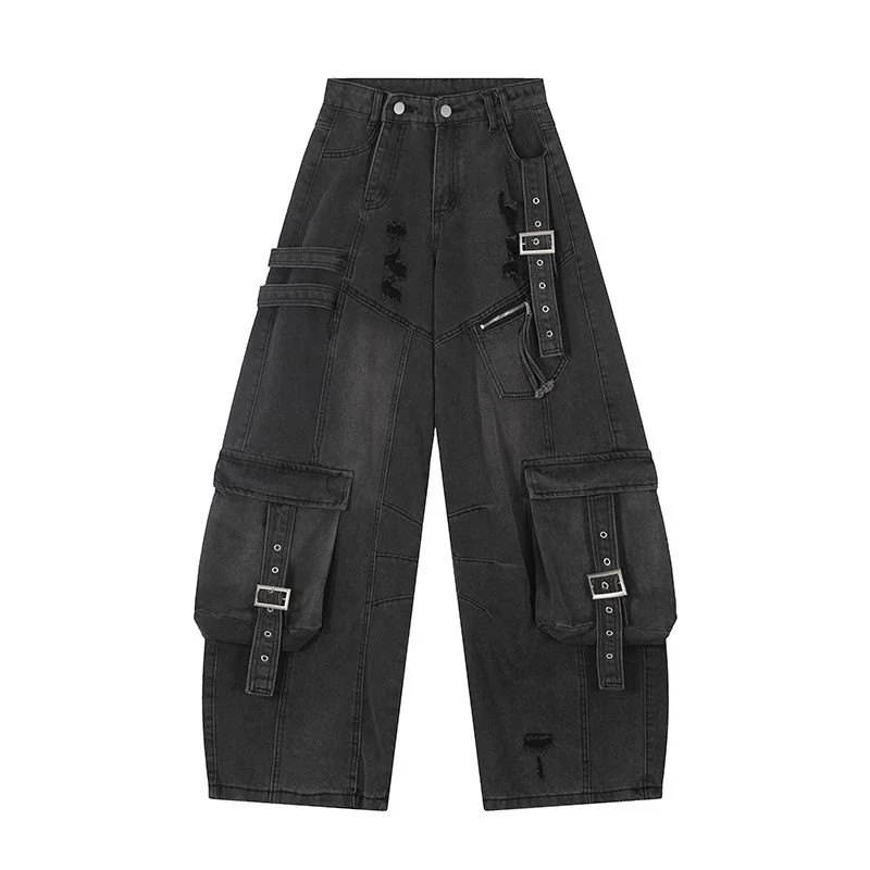 new 2025 Cyber Y2K Streetwear Washed Blue Baggy Ripped Cargo Jeans Pants For gallery