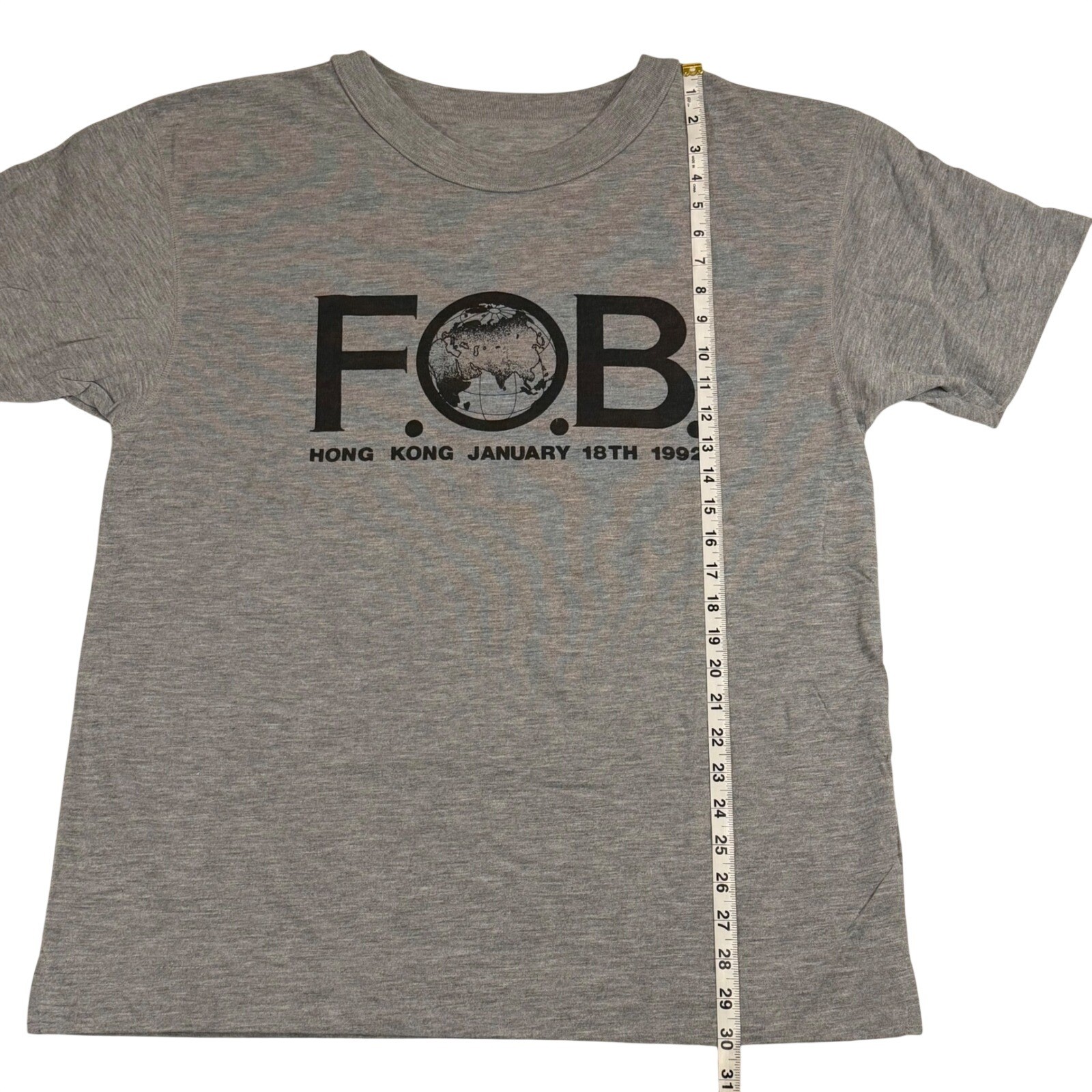 Vintage 1992 FOB Hong Kong Graphic T-Shirt XL Heather Gray January 18th Tee gallery