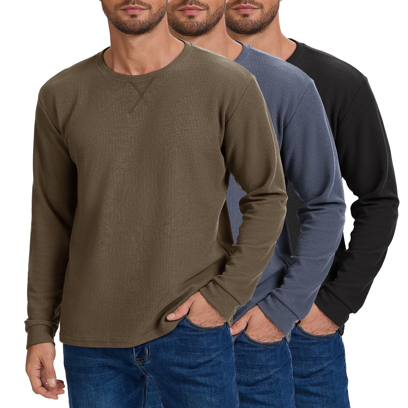 DEHORU 3 Pack Mens’ Waffle Shirts Long Sleeve Shirt Regular Fit Casual T-Shir…