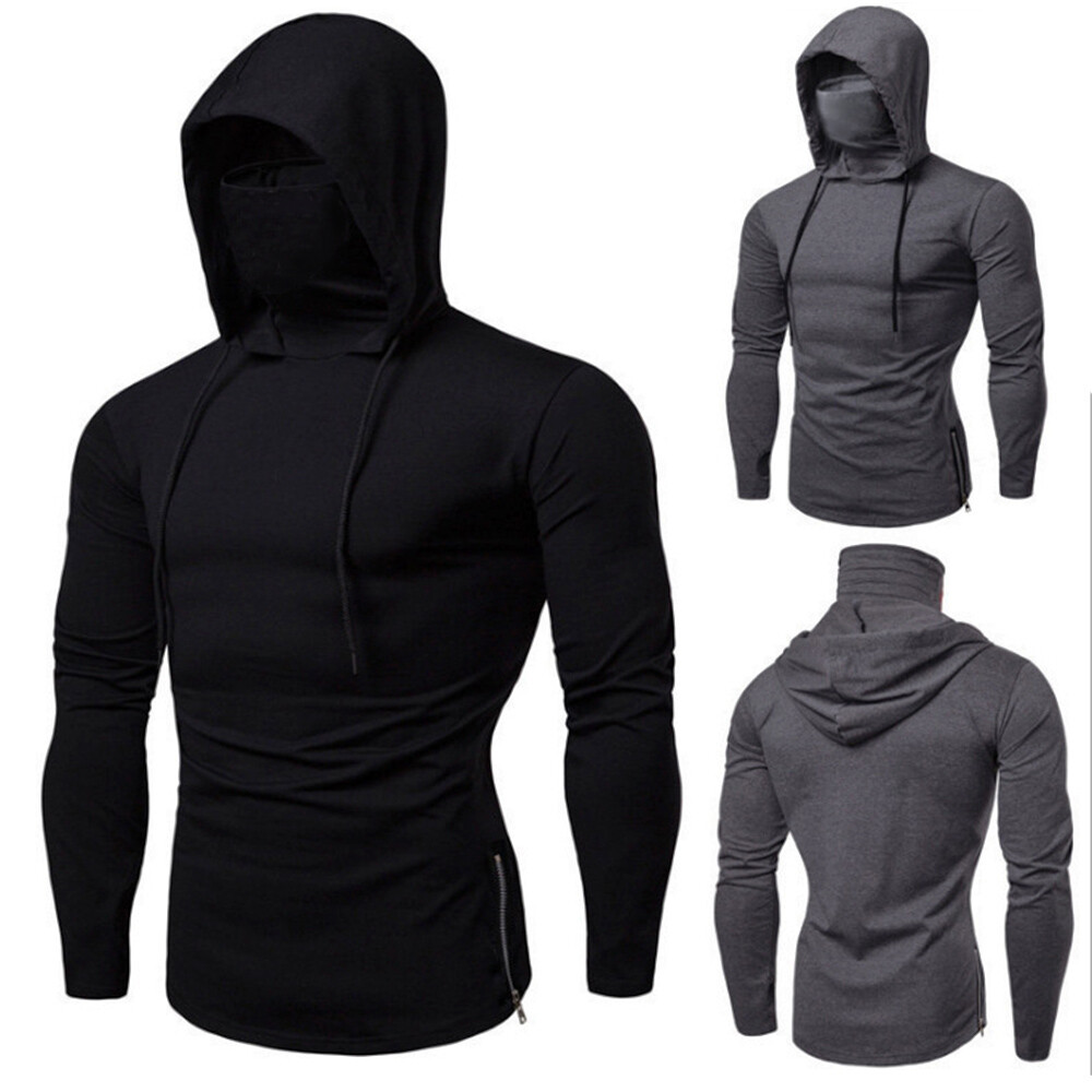 Mens Long Sleeve Hooded T-shirt Fitness Gym High Neck Stretch Shirt Hoodie gallery