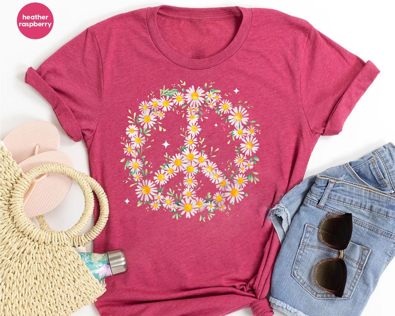 Hippie Peace Sign Daisy Flower Power Boho Retro Shirt Women gallery