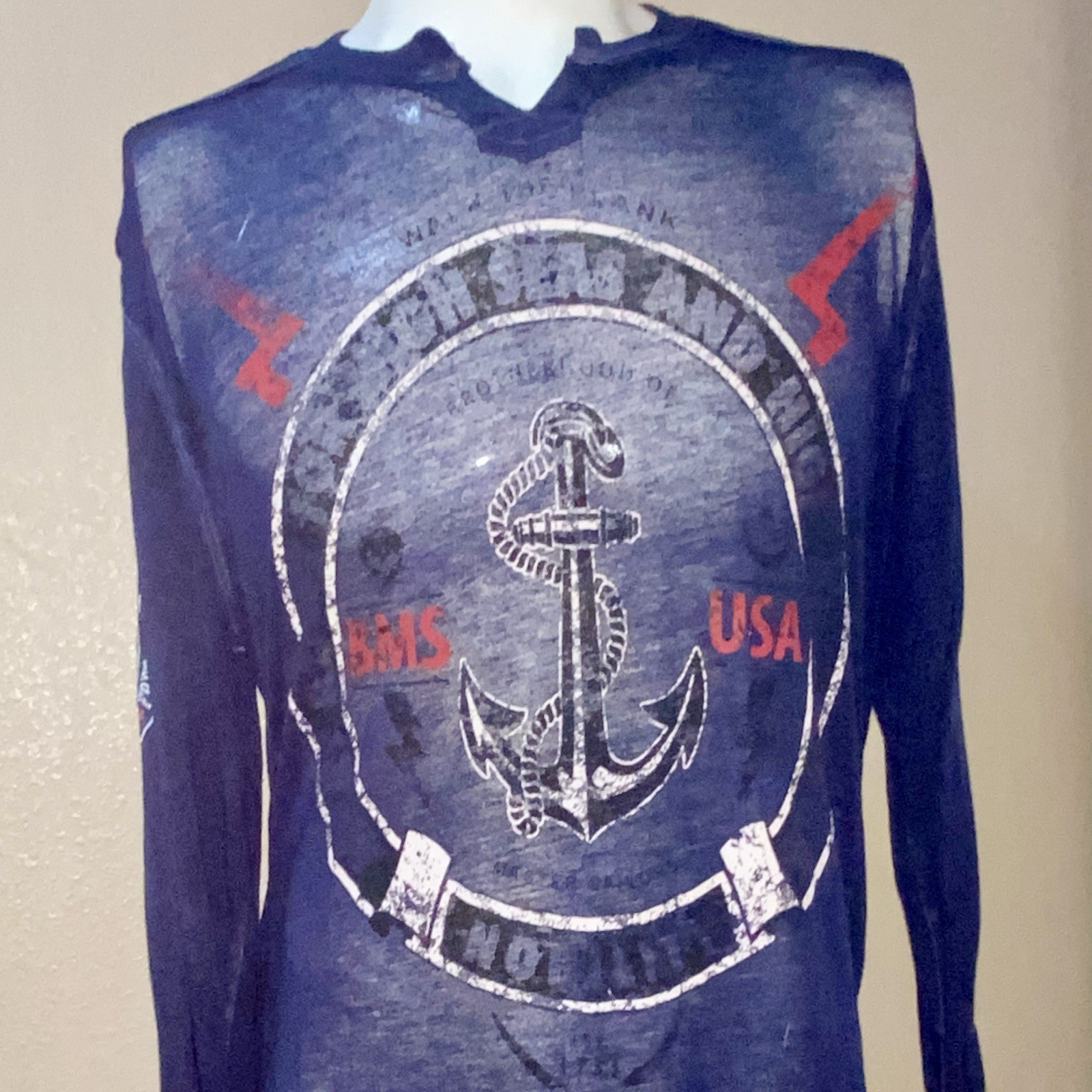 Men’s Sheer Nobility Graphic Long Sleeve Tee In Navy Blue and Crew Neck Size M gallery