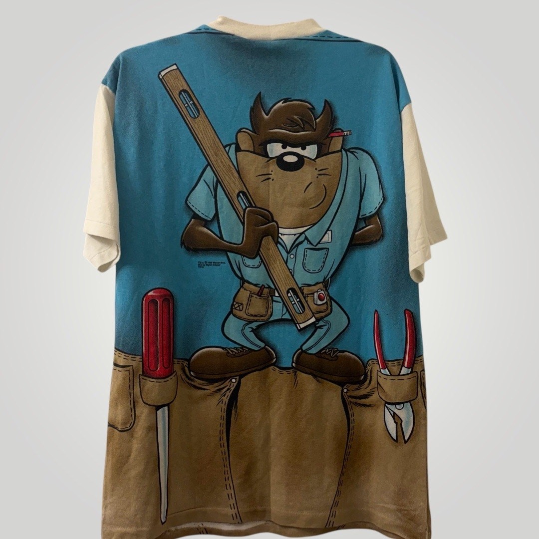 Vtg 90s Looney Tunes AOP Shirt L Wile E Coyote Taz Mechanic USA Single Stitch gallery