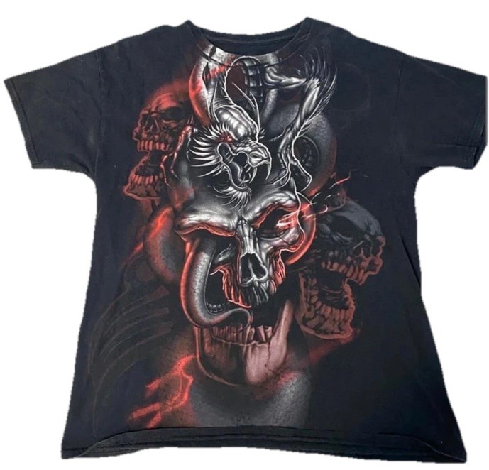 Vintage Y2K 00s Gildan Dragon Skulls Snake Tribal Novelty T Shirt Adult XL Black gallery