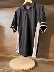 VANGELIS MENS V NECK BLACK PULLOVER SHIRT COLLAR EUC SIZE LARGE ILLUSION SIDES