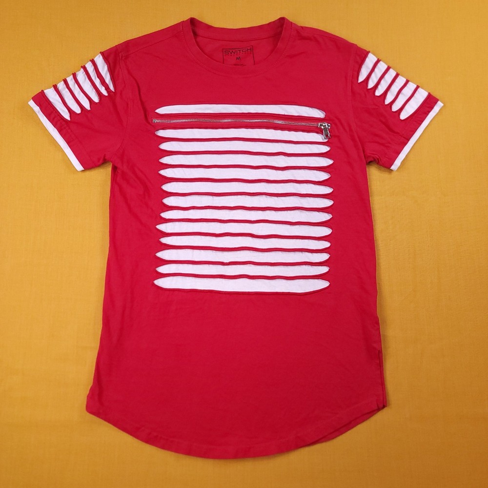 Switch Remarkable Men’s Medium Razor Cut Zipper Short Sleeve Shirt Red White