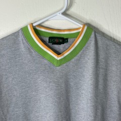 J. Crew Oarsman Mens Medium Gray V-Neck Shirt Striped Collar Short Sleeve Preppy