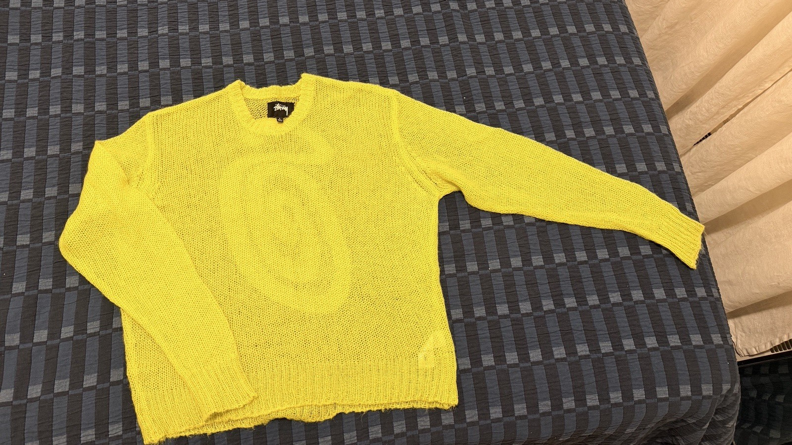 Stussy line green Knit Pullover Sweater Wool Mohair Nylon Unisex L Long Sleeve
