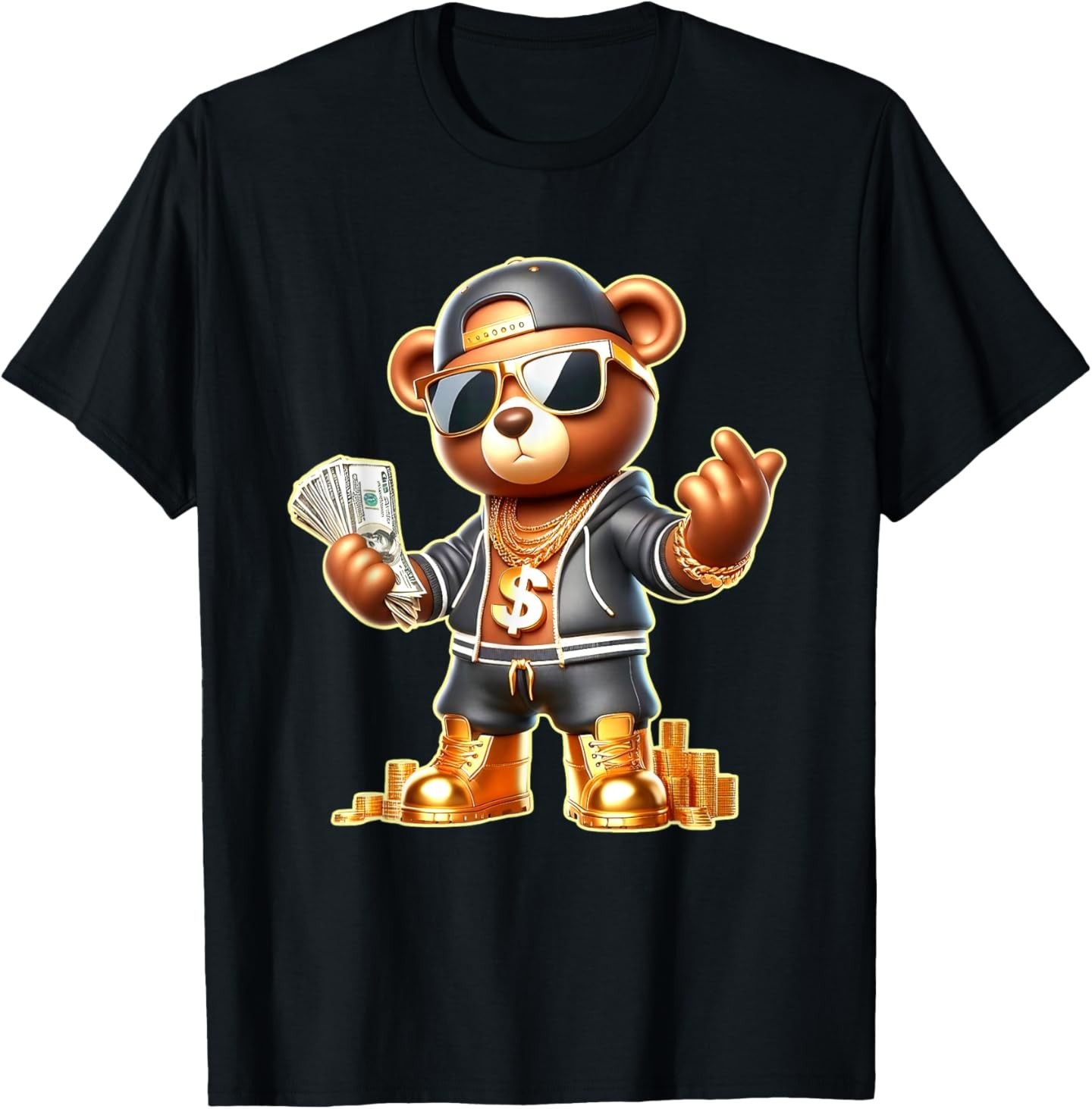 Golden Teddy Bear Money Stacks Golden Chain Gangsta T-Shirt gallery