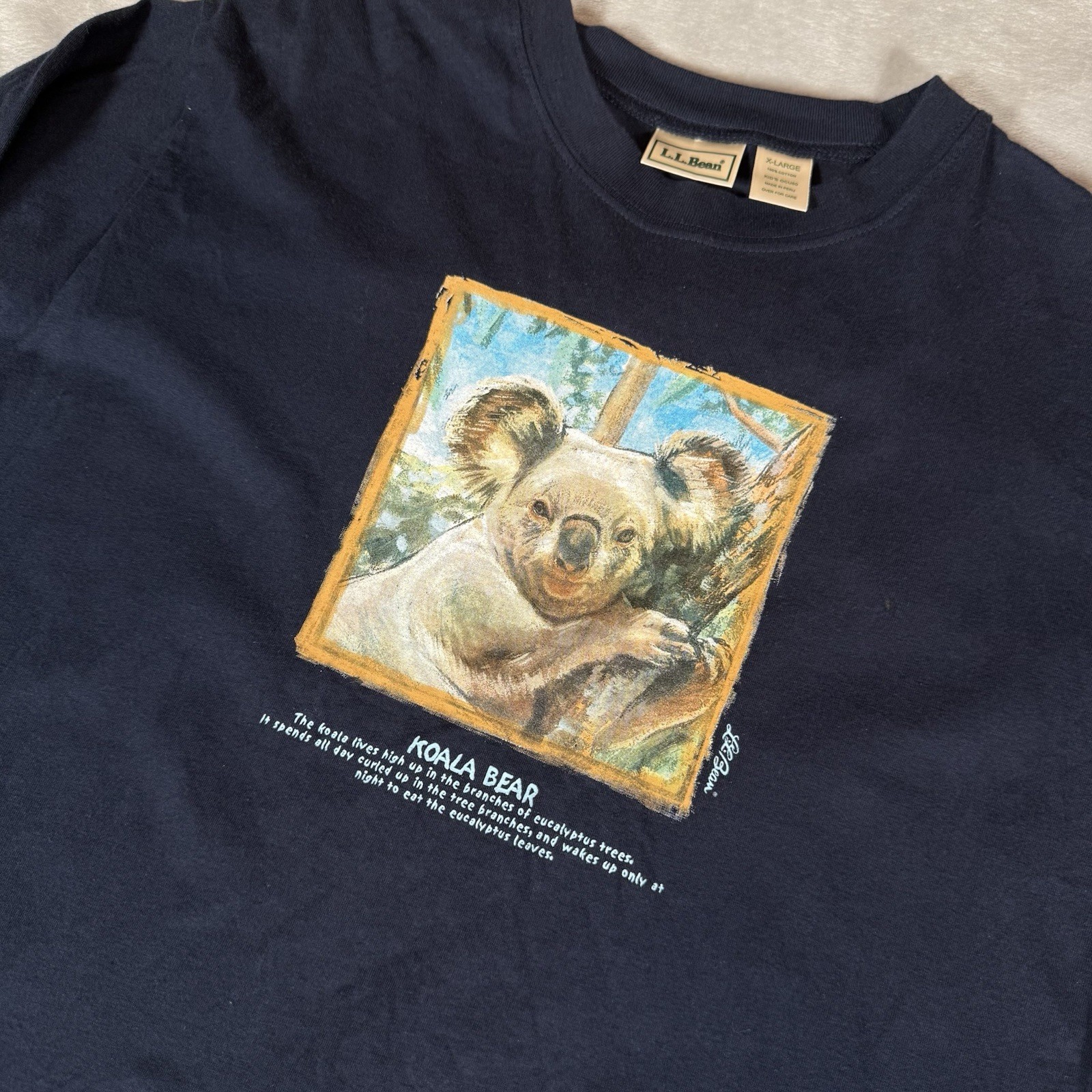 Vintage LL Bean Koala Bear T Shirt Kids XL (Fits Mens Slim L) Navy Blue Y2K