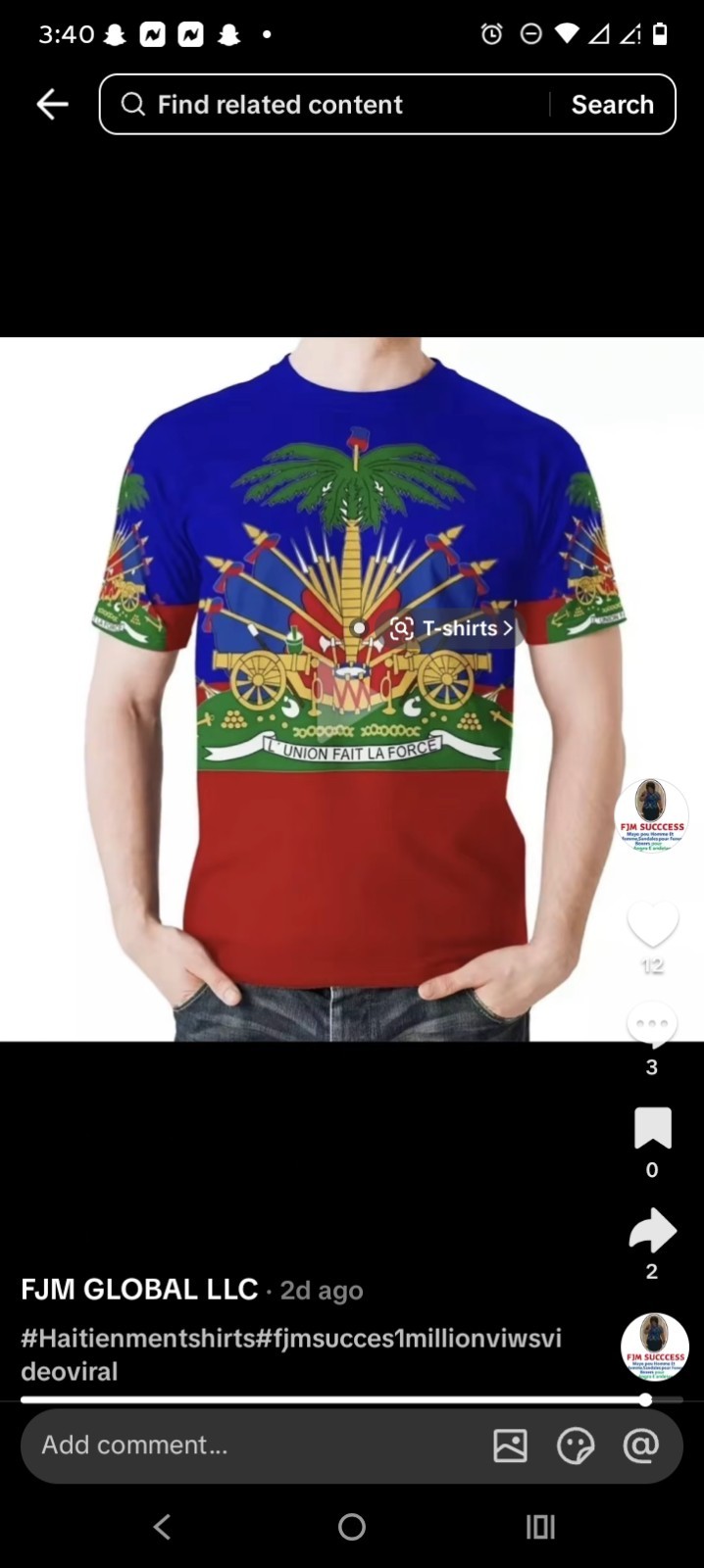 Men’s Multicolor Haiti Flag Coat of Arms Graphic Print Crew Neck T-Shirt