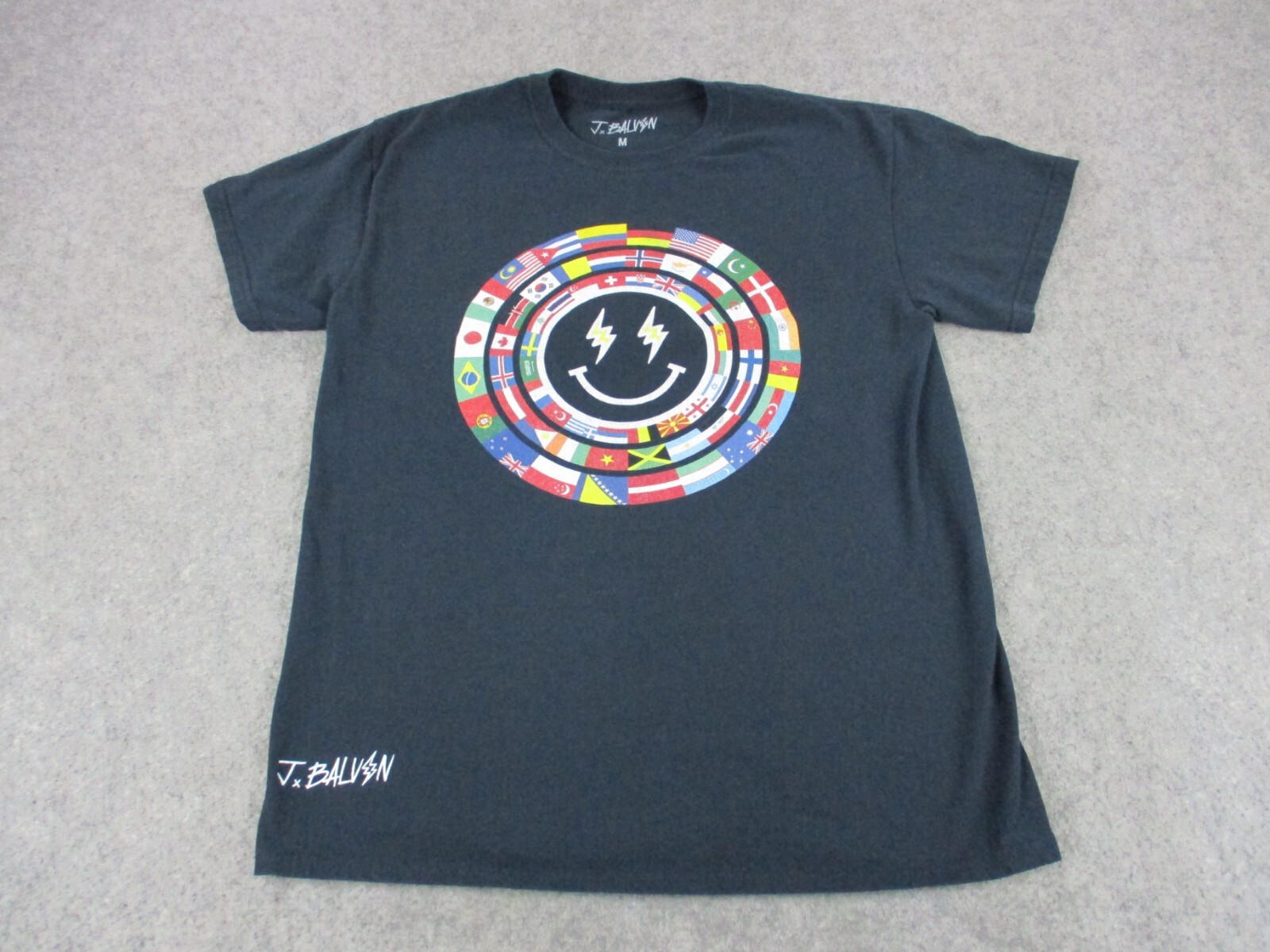 J Balvin Shirt Mens Medium Black Red Smily Face International Flags Crew Neck