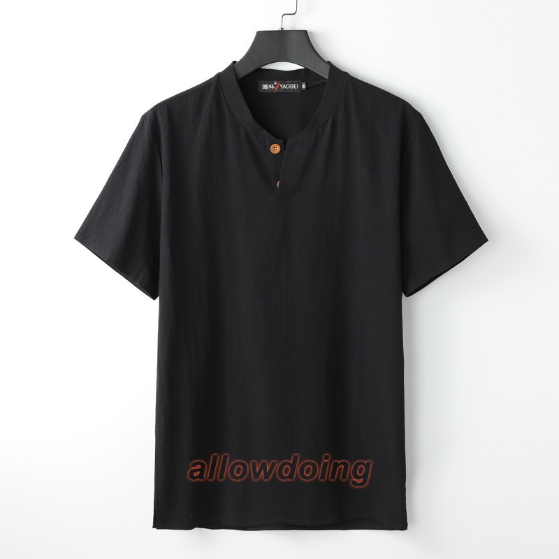 Men's Stand-up Collar Short Sleeve Cotton Hemp Summer T-shirt Loose Linen V-neck gallery