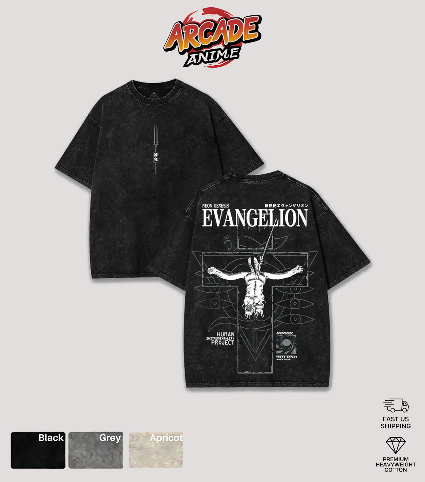 Arcade Anime Evangelion Washed T-Shirt, Game Shirt, Casual Graphic Tee Wash