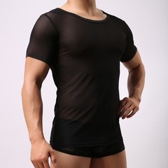 Breathable Mesh See Through Muscle Top Short Sleeve Night Club T Shirt For Men