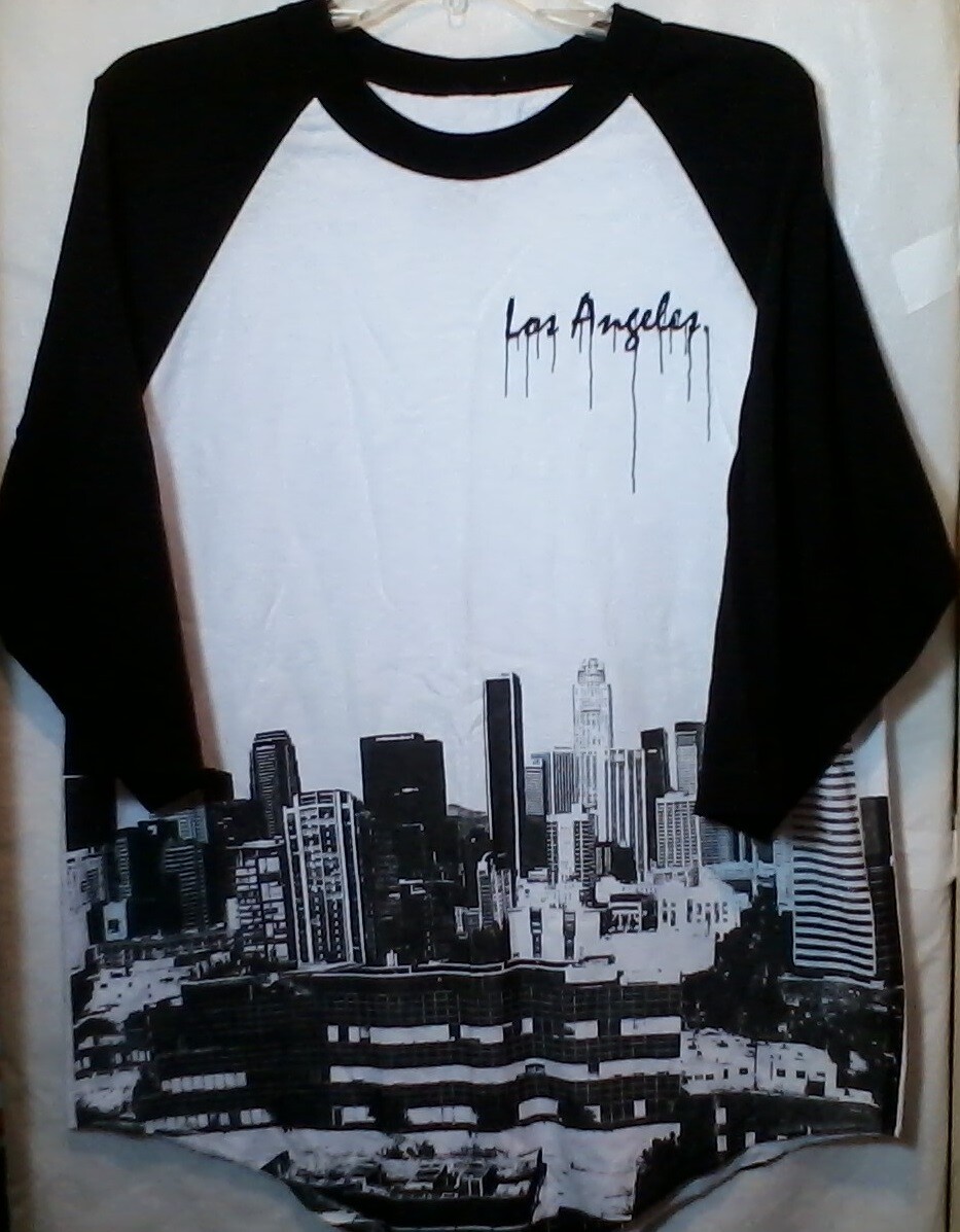 Los Angeles California Typeo Baseball Style T Shirt High Rise Building Graphics gallery