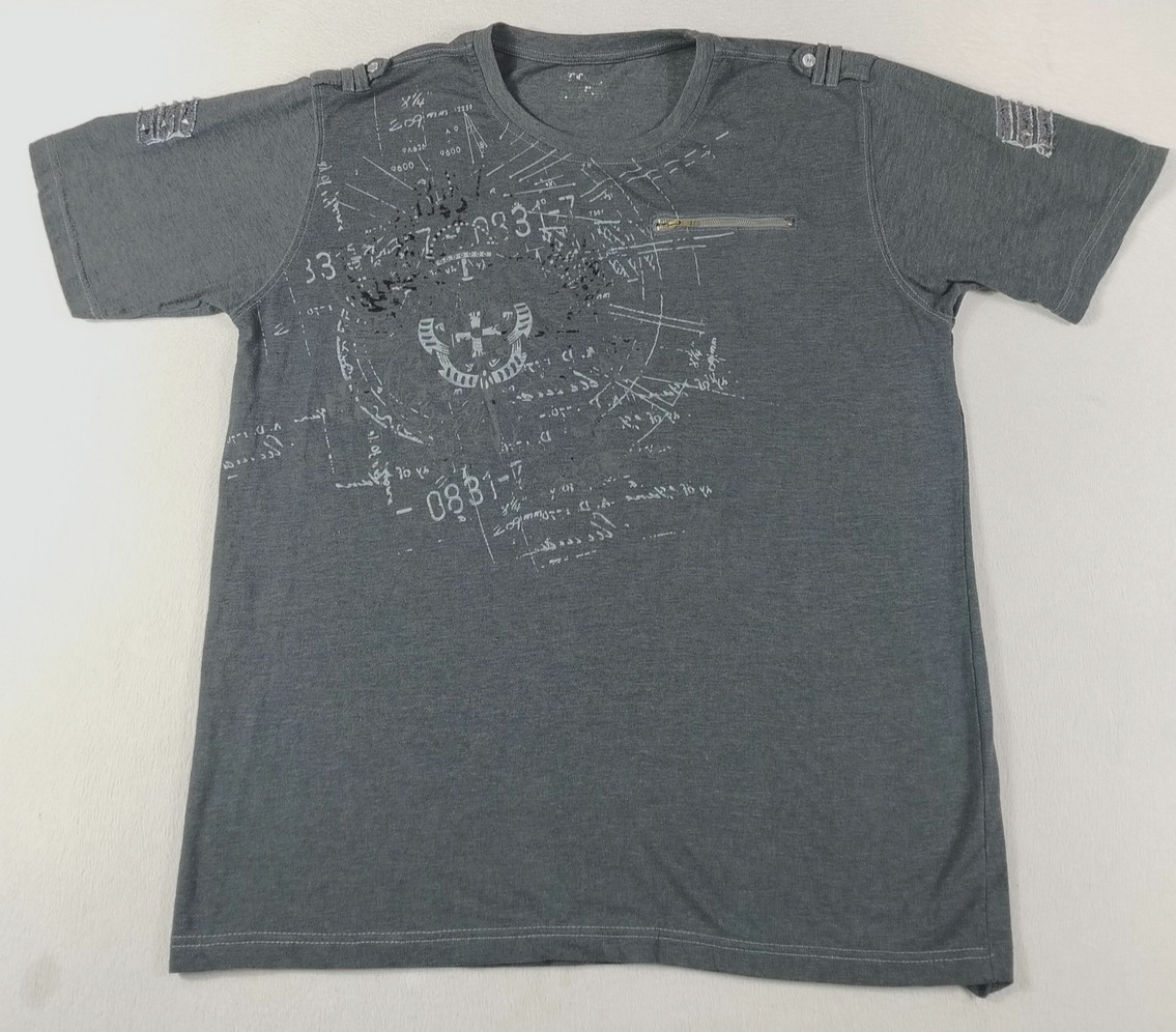 Vintage Y2K Shirt Mens Large Gray Math Print Zipper Pocket Epaulet Studded
