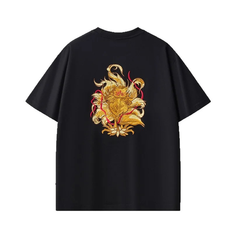 Men’s Mythical Fox Embroidered T-Shirt Loose Fit Short Sleeve Casual Cotton Tee