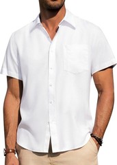 Men’s Linen Shirt Short Sleeve Button Down Wrinkle Free Casual Summer Beach Top
