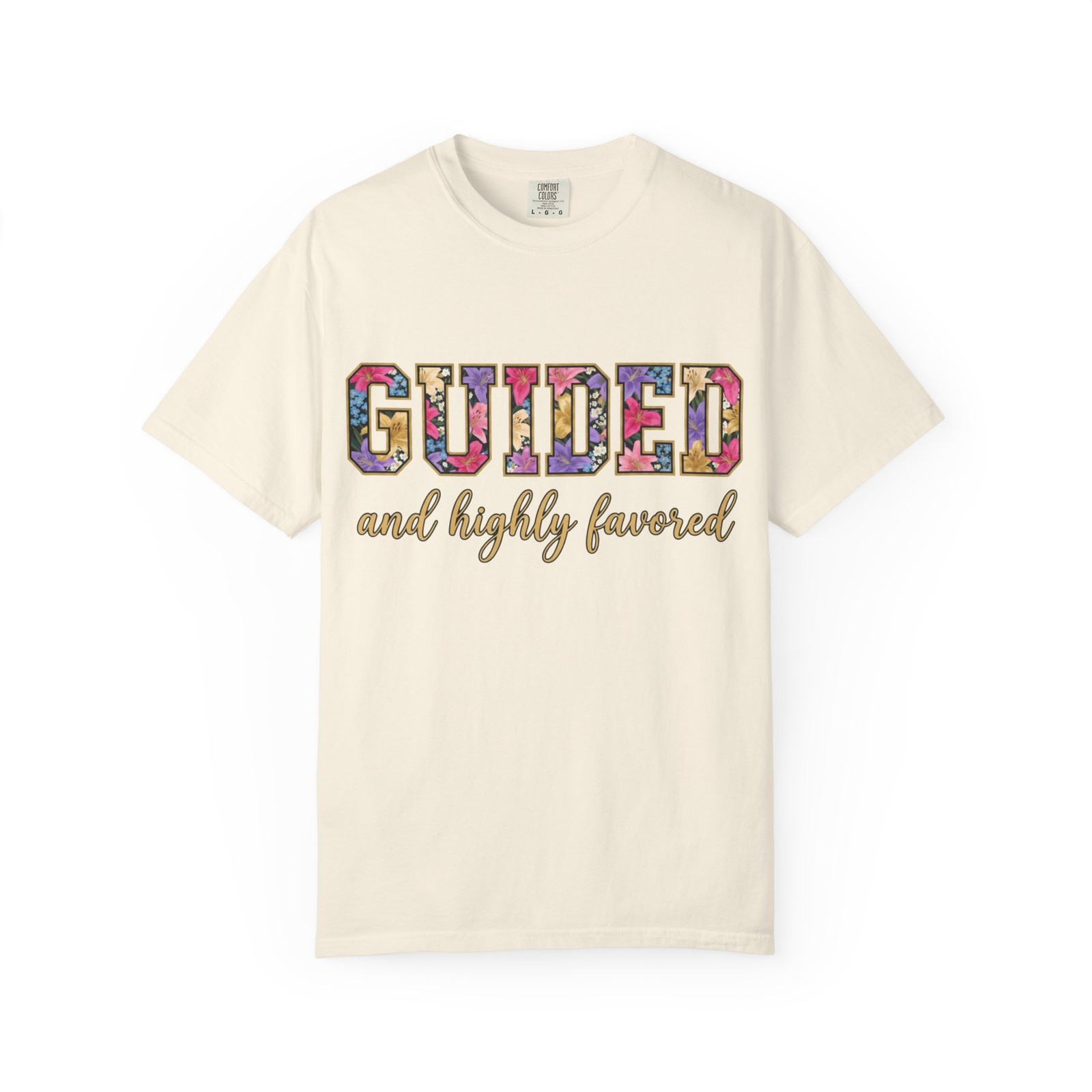 Guided and Highly Favored T-shirt | Floral Patchwork Lettering gallery