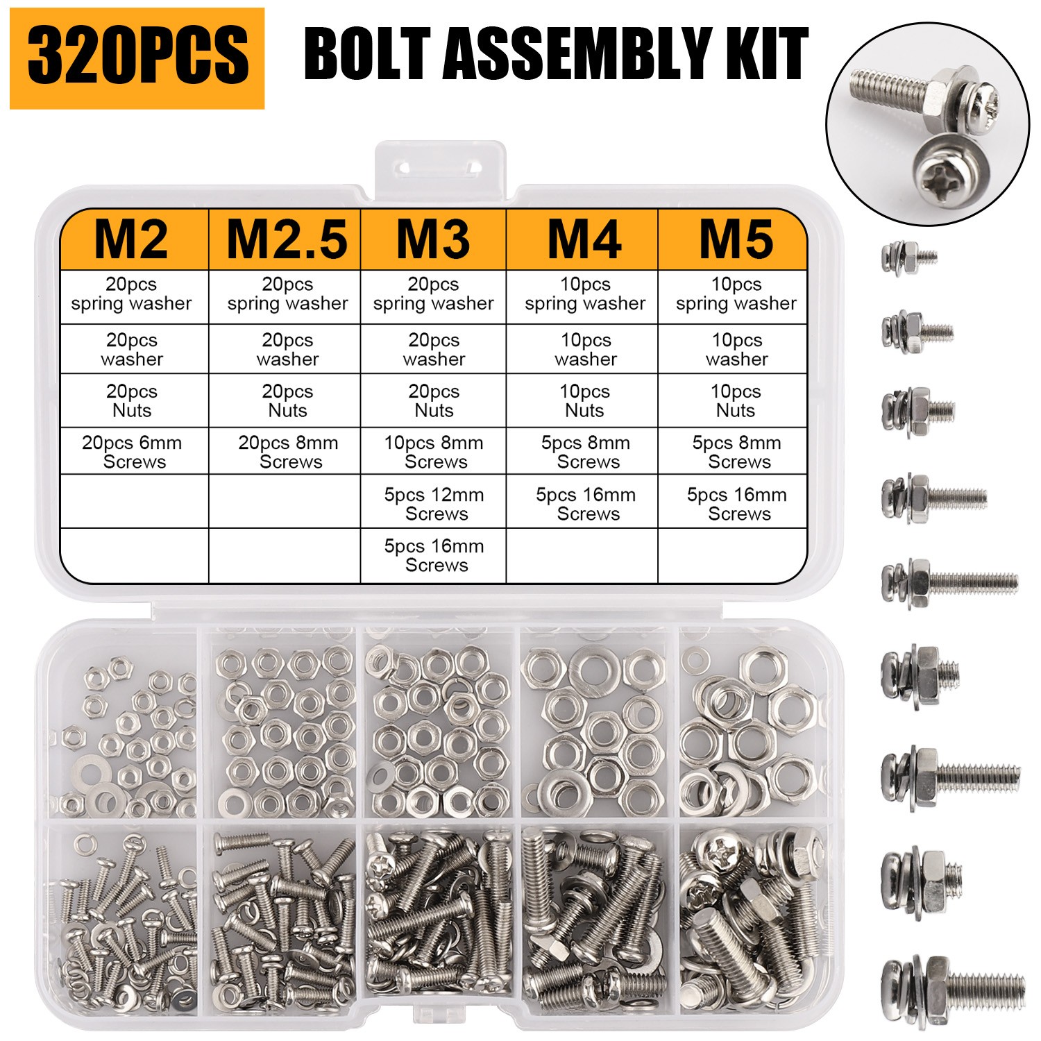 320Pc M2 M2.5 M3 M4 M5 Screws Nuts Bolts Washers Assortment Kit with Storage Box