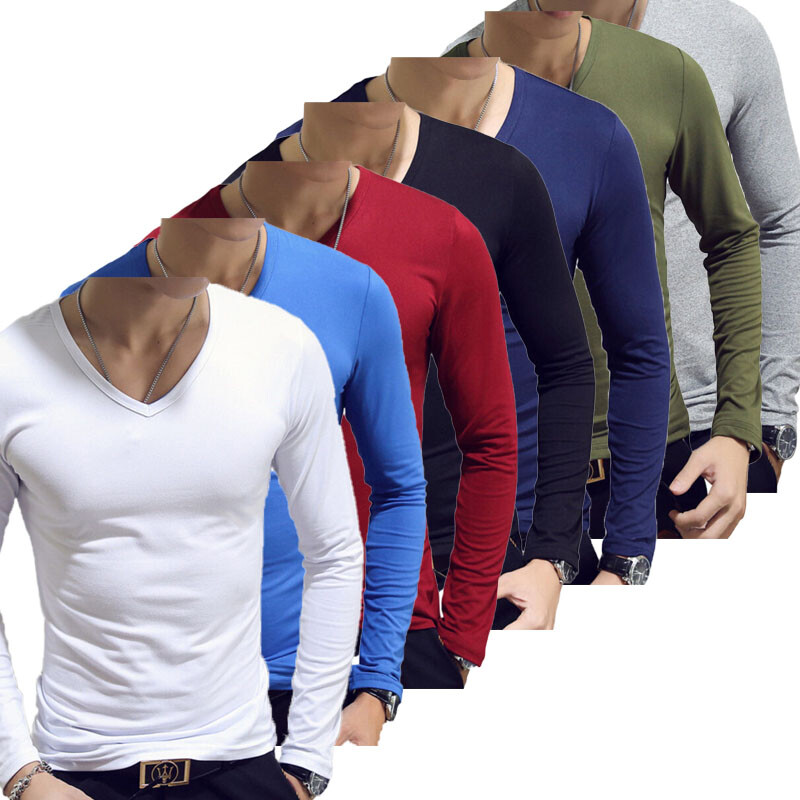 Mens Long Sleeve V-Neck T-shirt Stretch Undershirt Casual Solid Slim Fit Tops gallery
