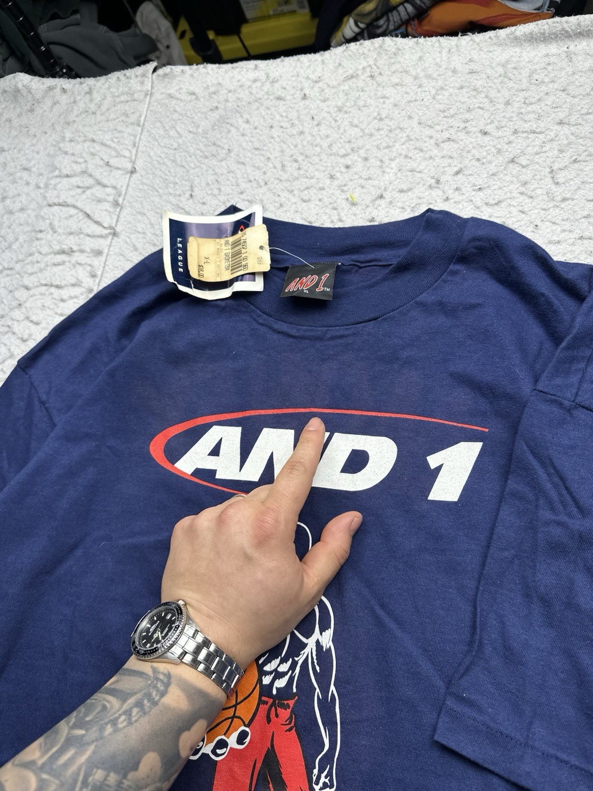 Vintage Men’s NWT AND-1 Trash Task Graphic Print Shirt 90s XL USA Made Blue gallery