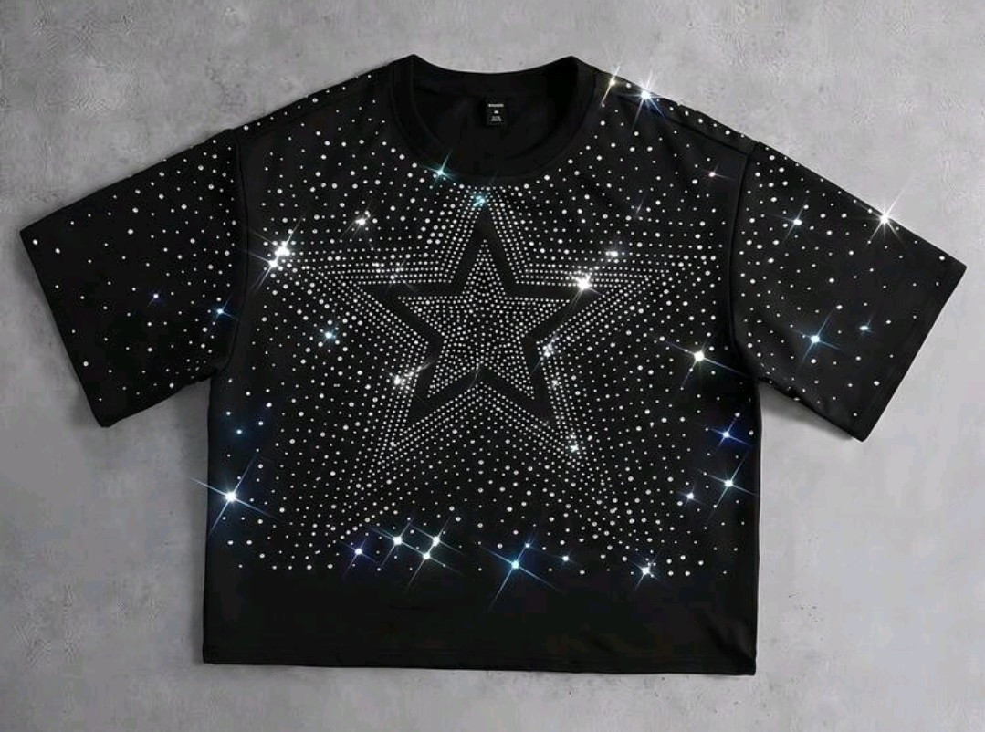 New Men Luxury Diamond Star Rhinestones Fashion Black T-Shirt High Quality gallery