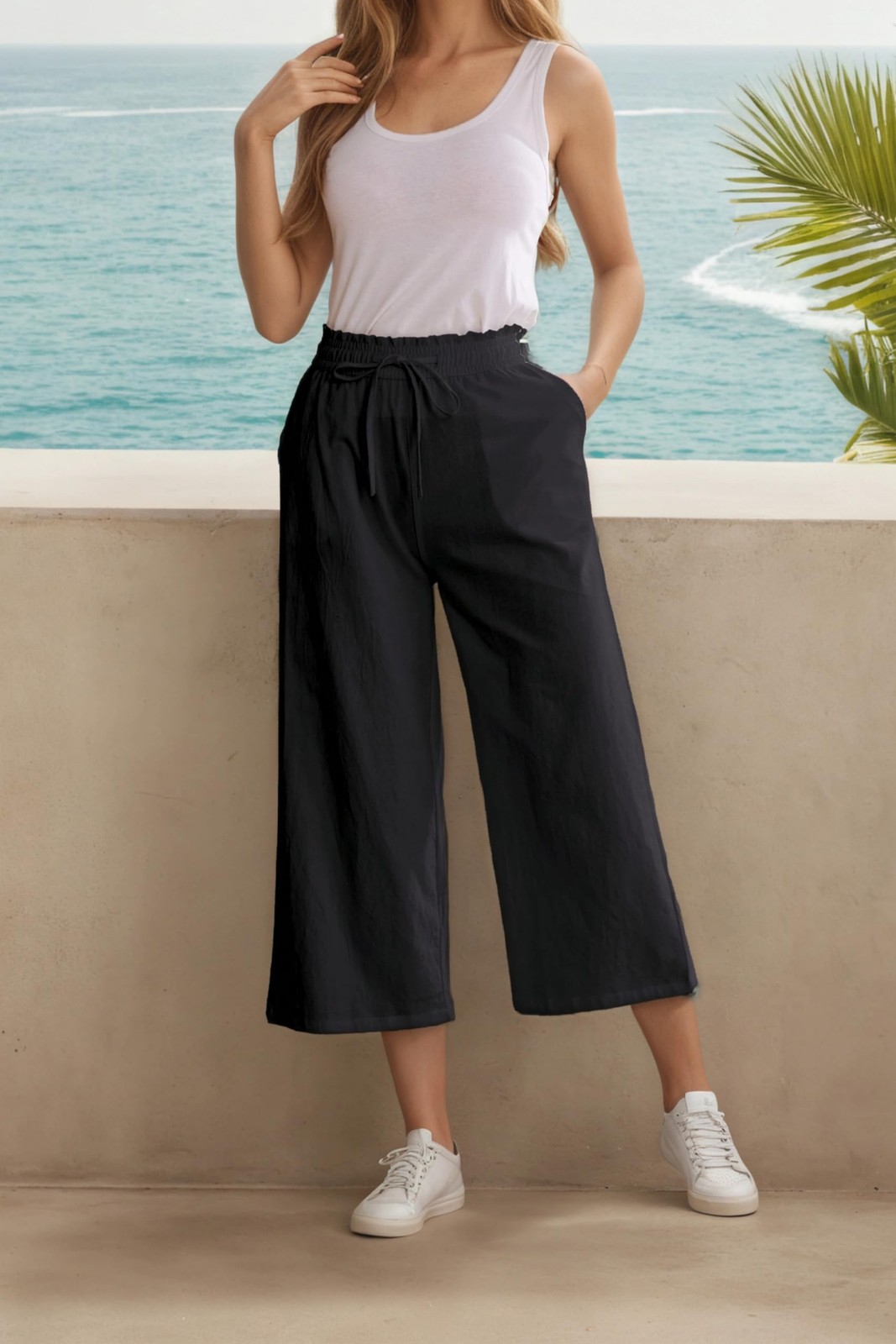 LNX Womens Linen Capri Pants Wide Leg High Waisted Drawstring Casual Cropped ... gallery