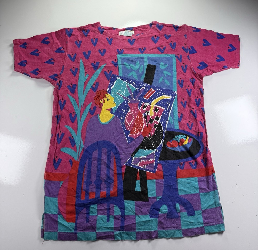 Vintage 80s Segrets Sun Prints Art graphic M T Shirt All Over Print pink