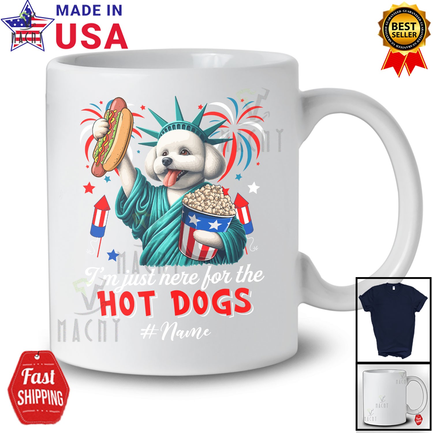 Custom Name Just Here For Hot Dogs; Proud Bichon Frise Liberty Patriotic T-Shirt gallery