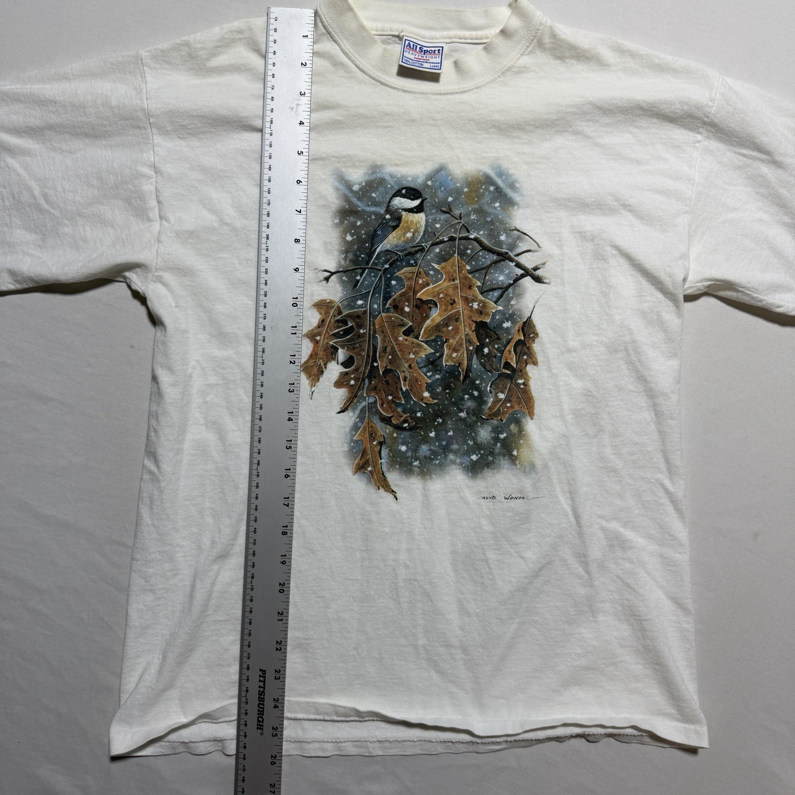 Vintage 90s David Wentzel Chickadee Wildlife Art T-Shirt L All Sport Nature Bird gallery