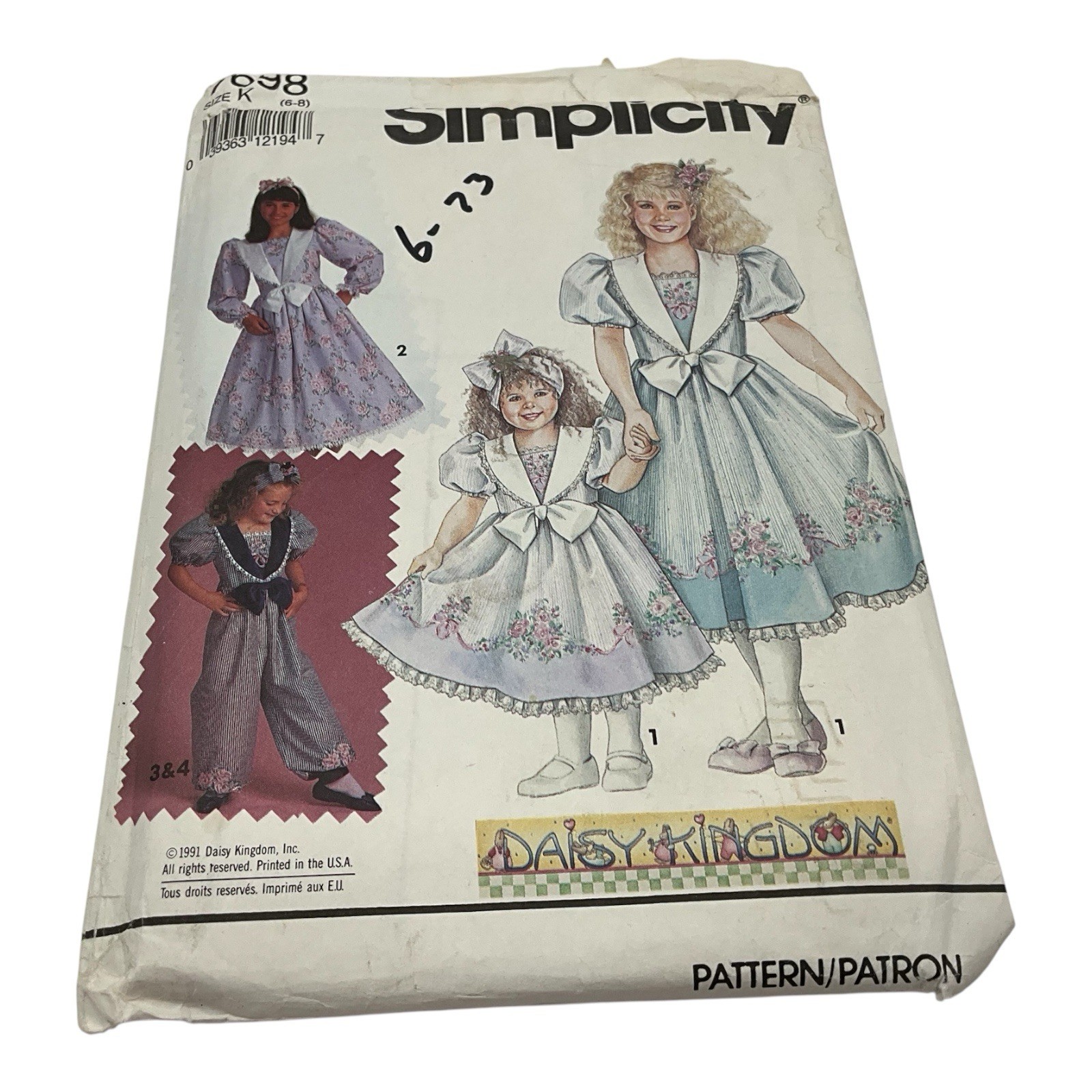 Daisy Kingdom Pattern 7698 Simplicity Girls Dress VTG Uncut Size K 6, 7, 8, New