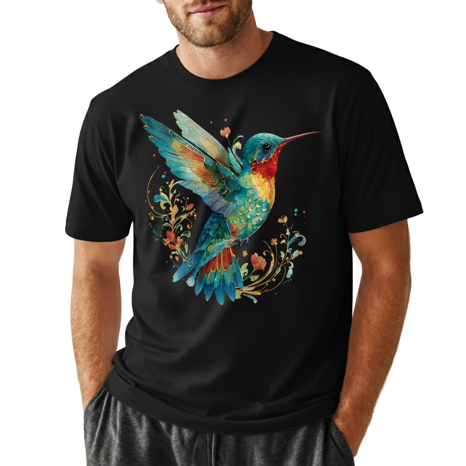 Hummingbird Floral Art Nature Retro Gift Men Women T-Shirt Tee gallery