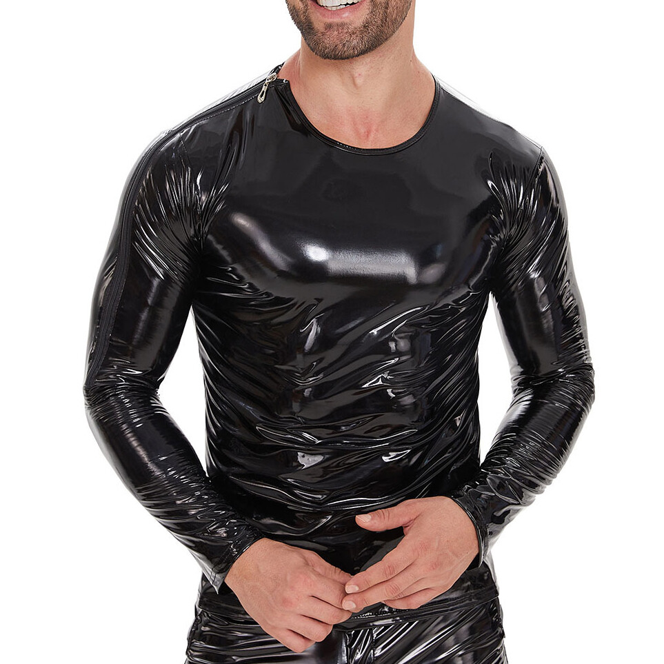 Black/red Sexy Zipper Shoulder Slimming Long Sleeve T-shirt Pvc Leather Mens Top gallery